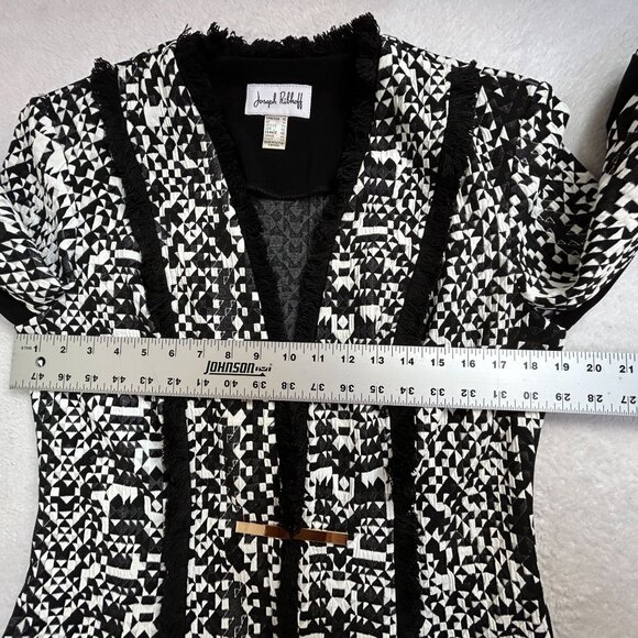 Joseph Ribkoff Womens Black White Geometric Fringe Blazer Jacket Size 12 Stretch - Picture 7 of 8